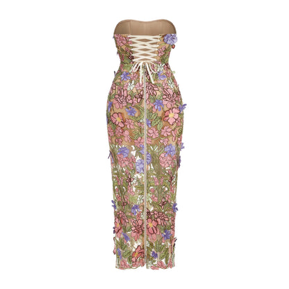 New Sexy Strapless Back Lace Up Dress for Women, Slim Fit and Simple Floral Embroidery Fabric Party Dress Long