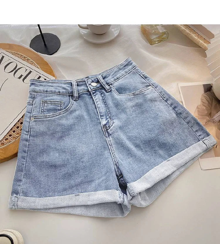 High Waist Wide Leg Casual Jeans Shorts Women's Summer Fashion Slimming A-Line Shorts Blue Denim High Waist Loose Cover Hip