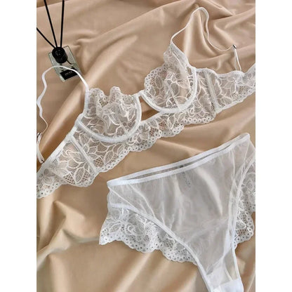 MOYISU White See-through Lace Big Breasts Small Bra Underwear Ultra Thin Set Sexy Pure Desire Underwear Underwear Underwear Set