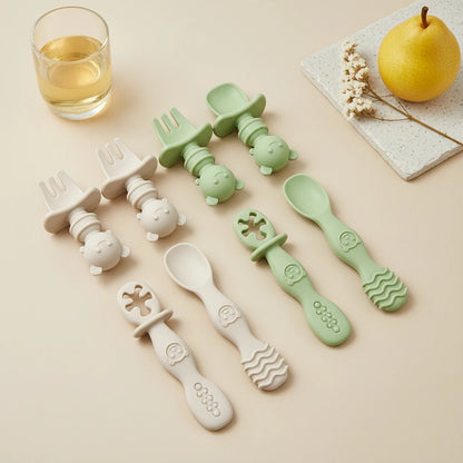 4pcs Silicone Spoon & Fork Set Long & Short Handles for Different Feeding Needs Baby Self-feeding Training Baby Birthday Gift