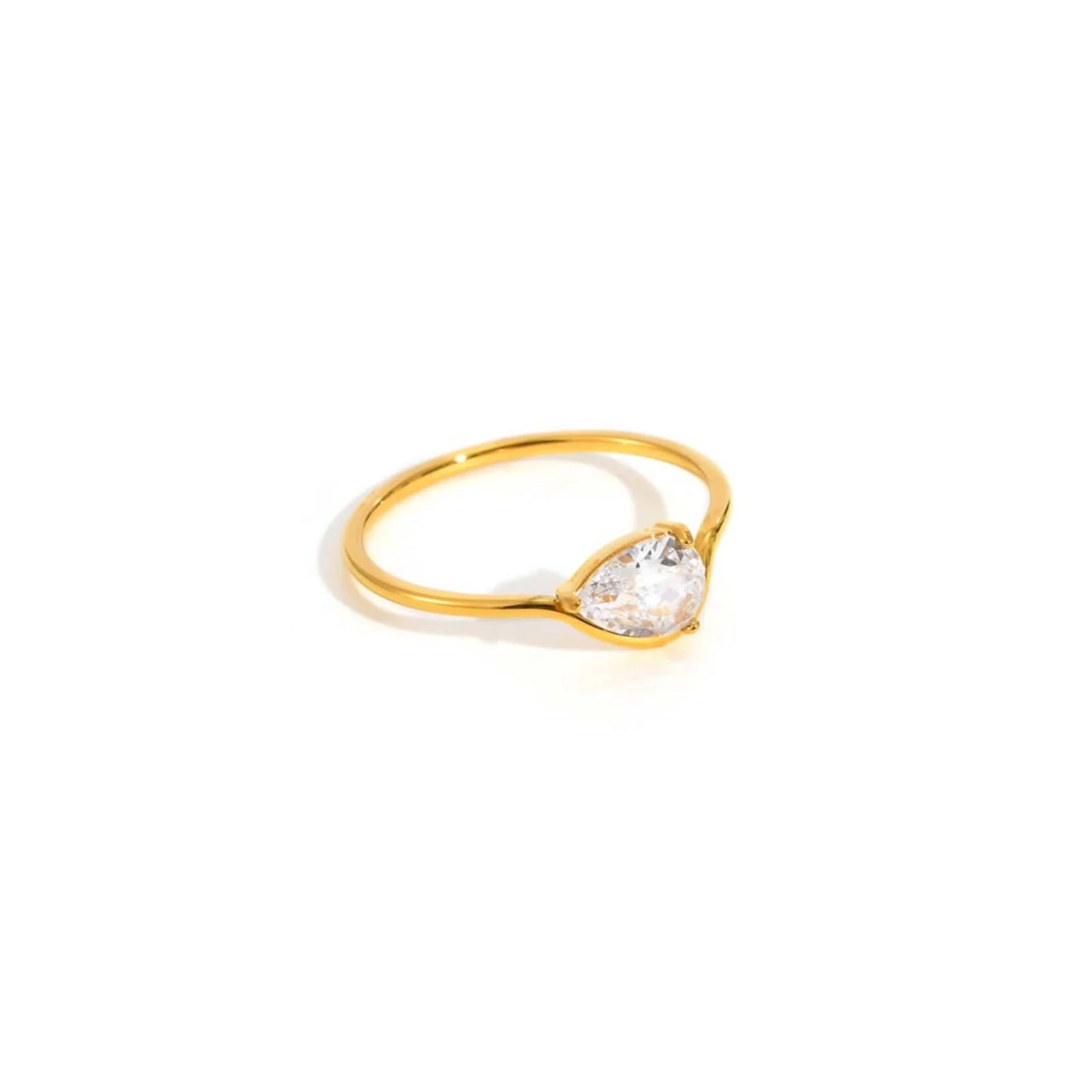 Minimalist Water Drop White Zircon Women Ring, Wave Drop Stainless Steel Ring, 18K Gold Plated Waterproof Luxury Jewelry