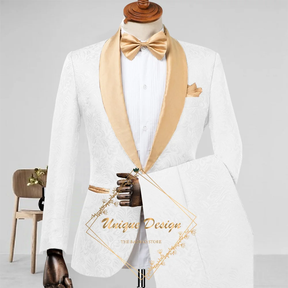 Champagne Men's Suit 2-Piece Set Satin Shawl Lapel Jacquard Jacket Pants Elegant Set for Wedding Groom Summer Party Dating Prom