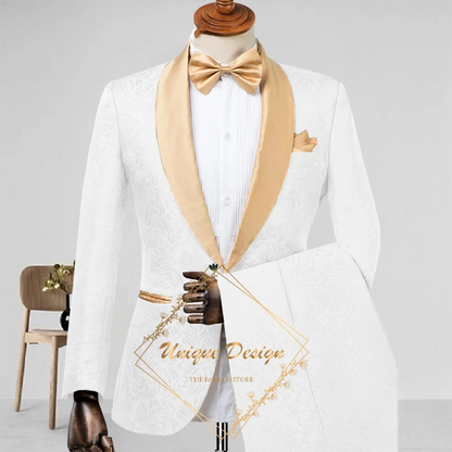 Champagne Men's Suit 2-Piece Set Satin Shawl Lapel Jacquard Jacket Pants Elegant Set for Wedding Groom Summer Party Dating Prom