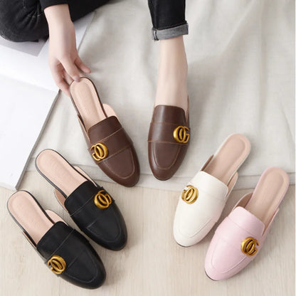Lady Gold Metal Slides Round Toe Microfiber Soft Bottom For Tender Feet Wide Fits Beige Pink Fashionable Shoes For Summer 44-33