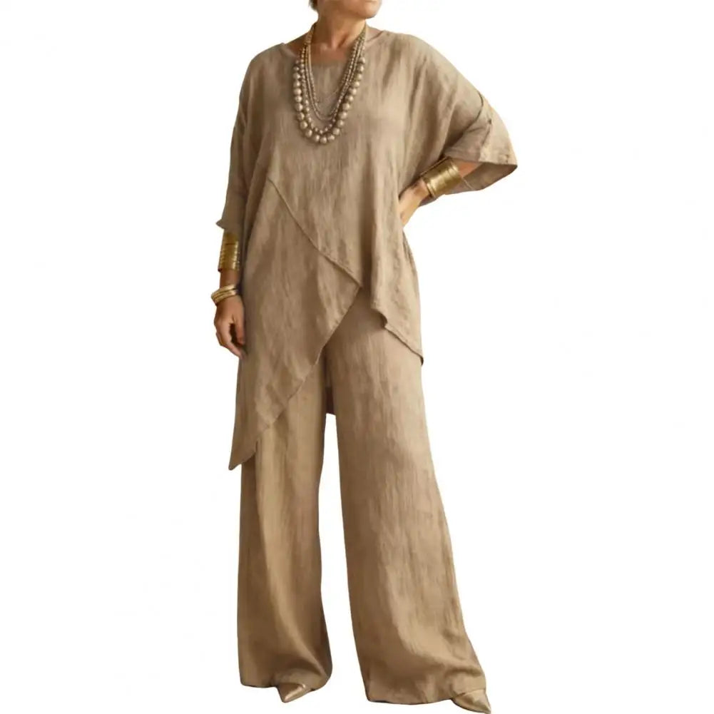 Matching Lounge Sets Women 3/4 Sleeve Top And Wide Leg Pants Cotton Linen 2 Piece Set