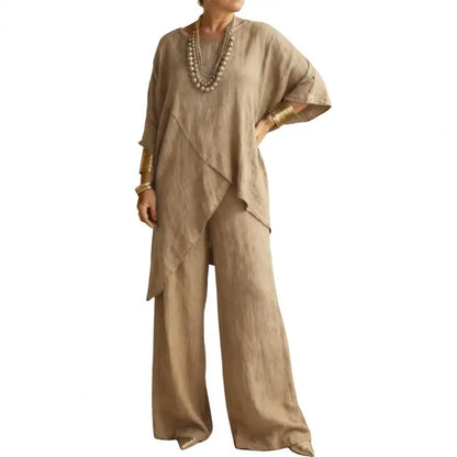 Matching Lounge Sets Women 3/4 Sleeve Top And Wide Leg Pants Cotton Linen 2 Piece Set