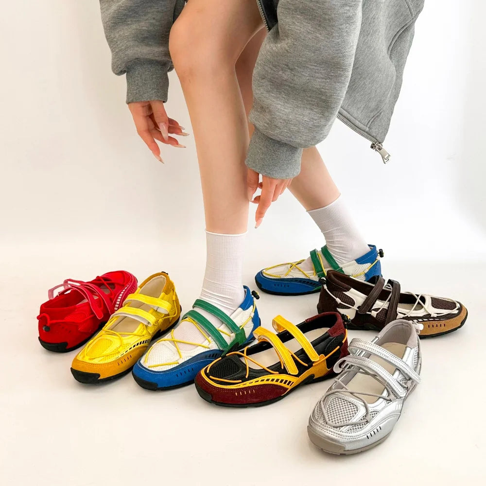 Silver Fashionable Casual Mesh Shoes Women's Summer New Magic Tape Thin Breathable Sports Mary Jane Single Shoes