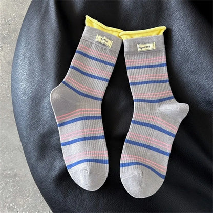 Fake Two-Piece Design Crew Socks Soft Knit Texture Mid-Calf Length Mid-Calf Socks Striped Pattern Striped Socks For Women