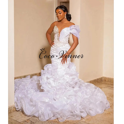 Customized Ruffle Train Fashion Mermaid Wedding Dress 2026 New Sexy V Neck One Shoulder Africa weddings dresses bridal W1490