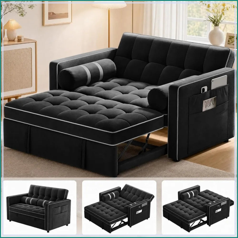 3-in-1 Sleeper Sofa Bed w/ USB & Type-C, Side Pockets, Velvet, Adjustable Backrest, Deep Seat, for Apt/Living Room/Office