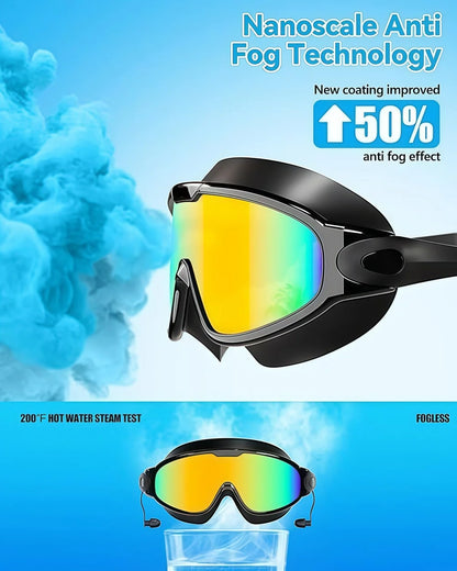 Adult Wide View Swim Goggles Anti-Fog Anti-UV No Leak Swimming Glasses with Earplugs for Men And Women Youth