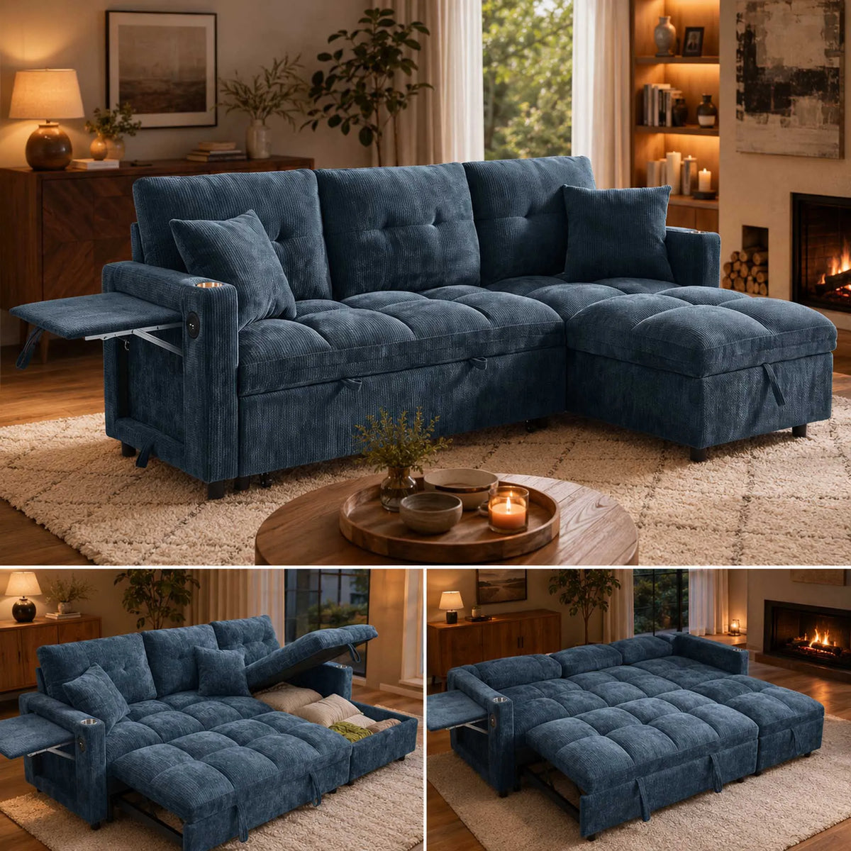 81.8" L-Shaped Sleeper Sofa with Pull Out Bed, Convertible Sectional Couch with Storage Chaise, USB/Type-C Charging and Cup Holders, Plush Chenille Modular Sofa for Living Room, Blue