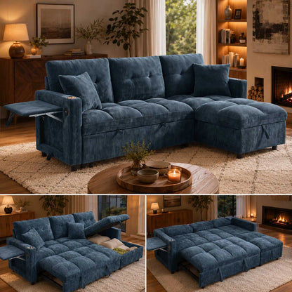 81.8" L-Shaped Sleeper Sofa with Pull Out Bed, Convertible Sectional Couch with Storage Chaise, USB/Type-C Charging and Cup Holders, Plush Chenille Modular Sofa for Living Room, Blue