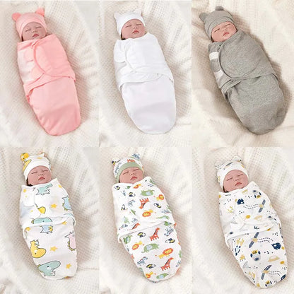 Baby Blanket Hat Set Cartoon Printed Cotton Newborn Swaddle Adjustable