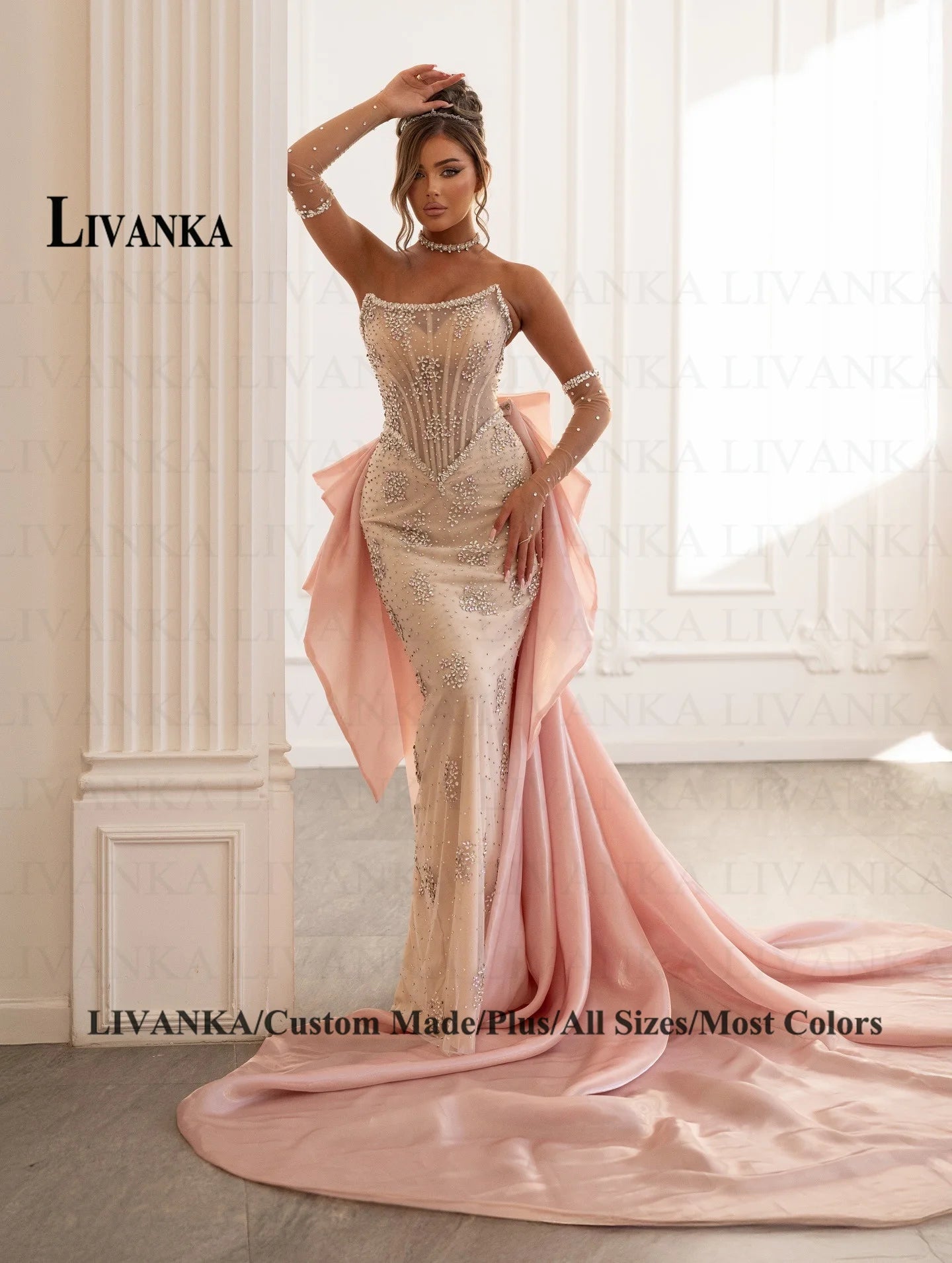 LIVANKA Exquisite Mermaid Prom Dress Rhinestones Corset Bowknot Lacing Up Strapless Royal Train Vestido De Formatura Customized
