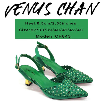 Venus Chan 2024 Latest High Heel Gold Color Atmospheric Luxury Pattern With Rhinestones Party Ladies Shoes And Bag Set