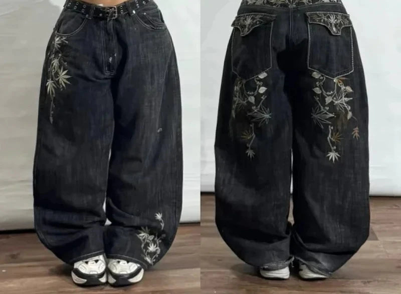 American New Fashion Cherry Blossom Letter Pattern Embroidered Baggy Jeans Women Y2K Gothic Popular Straight Wide-leg Trousers