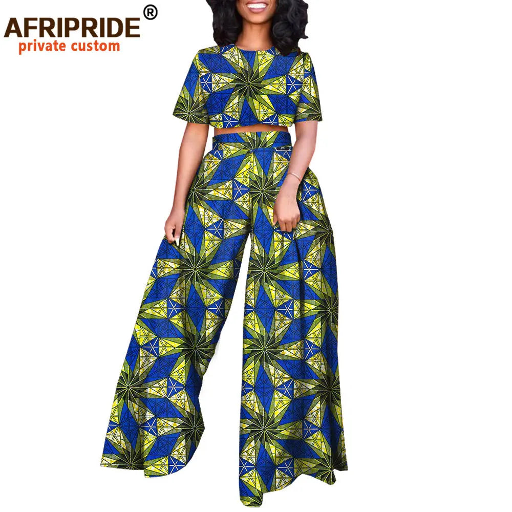 African 2 Piece Set for Women Print Tops and Ankara Pants Dashiki Clothing Tracksuit Short Blouse Outfits Wax AFRIPRIDE A2026001