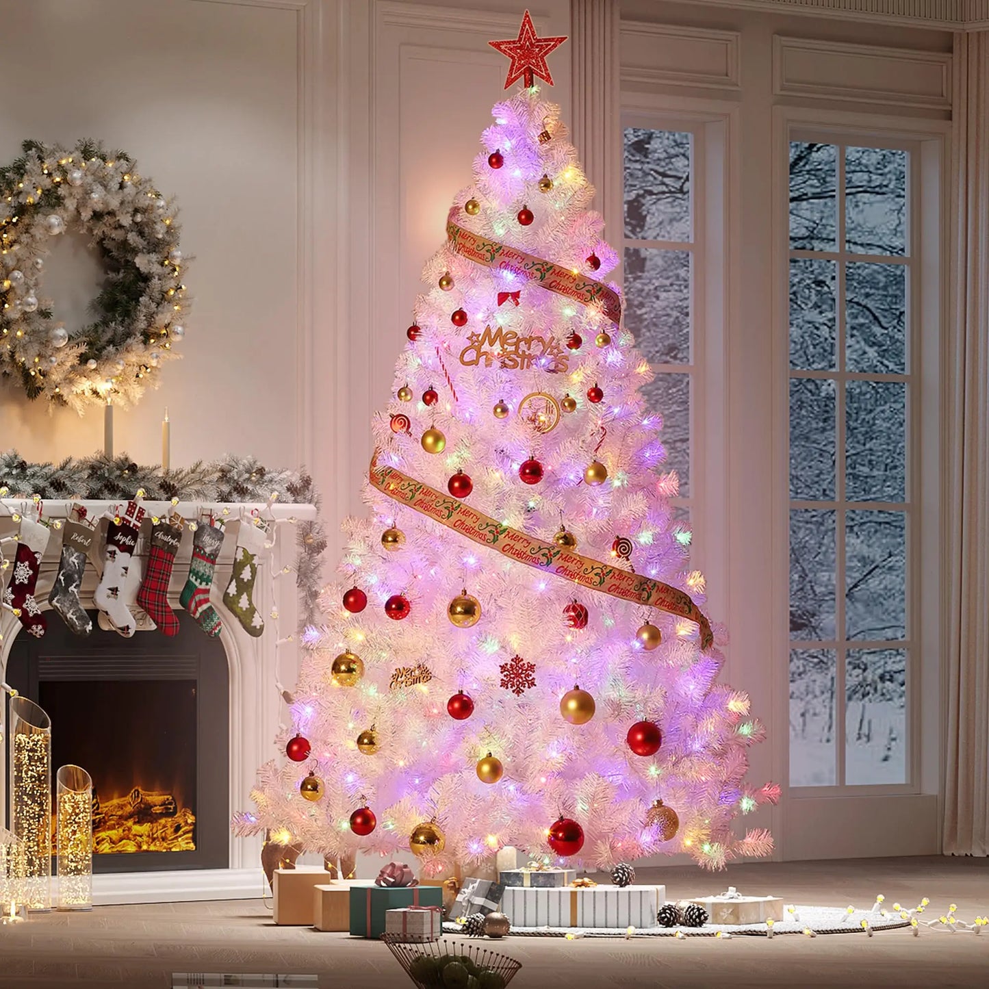 4.5 ft Prelit Artificial Christmas Tree with 100 RGB & Warm White Lights, Pre-Lit Snow Flocked Christmas Tree, Foldable Base for Home Office Party Holiday Decor