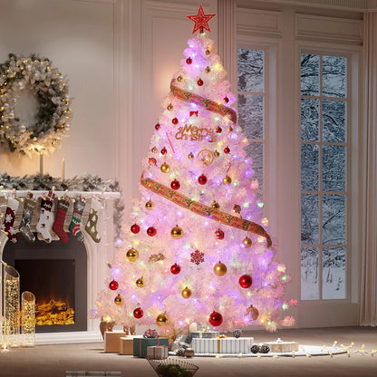 4.5 ft Prelit Artificial Christmas Tree with 100 RGB & Warm White Lights, Pre-Lit Snow Flocked Christmas Tree, Foldable Base for Home Office Party Holiday Decor