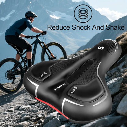 Comfort Bicycle Saddle Extra Wide MTB Road Bike Seat with Memory Foam Silicone Gel Cushion, Shock Absorbing Hollow Breathable PU Leather Bike Saddle with Suspension Balls, Rain Cover and Tools for Mountain City Cycling
