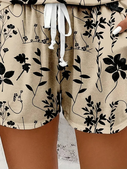 Women's Spring/Summer Fashion Two-Piece Set - Floral Print Sleeveless T-Shirt + Floral Print Shorts Set