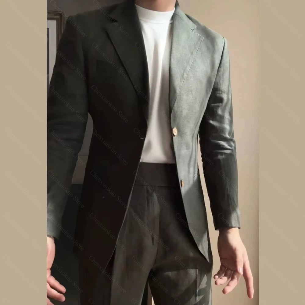 Chic Linen Men Suits 2 Piece Summer Single Breasted Notch Lapel Suit High Quality Wedding Casual Office Party Prom Costume Homme