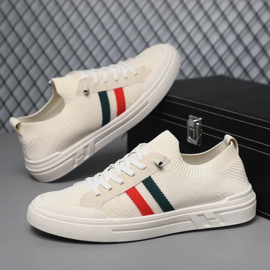 Fashionable Striped Sports Shoes with Breathable and Soft Soles, Summer Breathable Mesh Fabric, White Casual Shoes, Flat Bottom