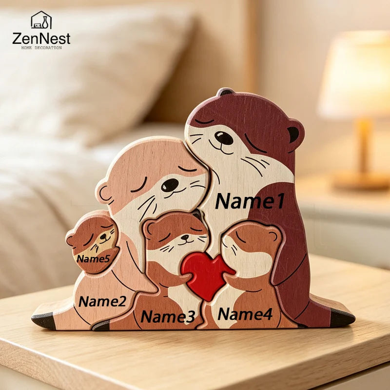 Cute Otter Family Wood Puzzle Ornament Red Heart Tabletop Decor Mother's Day Christmas Birthday Home Office Souvenir Gift