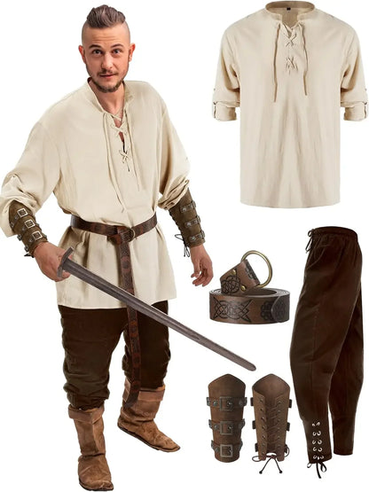 4 Pcs Halloween Men's Renaissance Costume Set Medieval Pirate Shirt Ankle Banded Pants Viking Belt Accessories