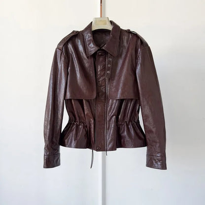 High Quality Chic Ladies Genuine Leather Short Jacket Zipper Turndown Collar Women Retro Oil Wax Sheepskin Jackets Casual Coat