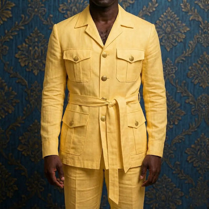 Mens Off White Linen Safari Suits 2 Piece Notched Lapel Prom Suit with Belt Gold Buttons Multi Pockets Beach Summer Wedding
