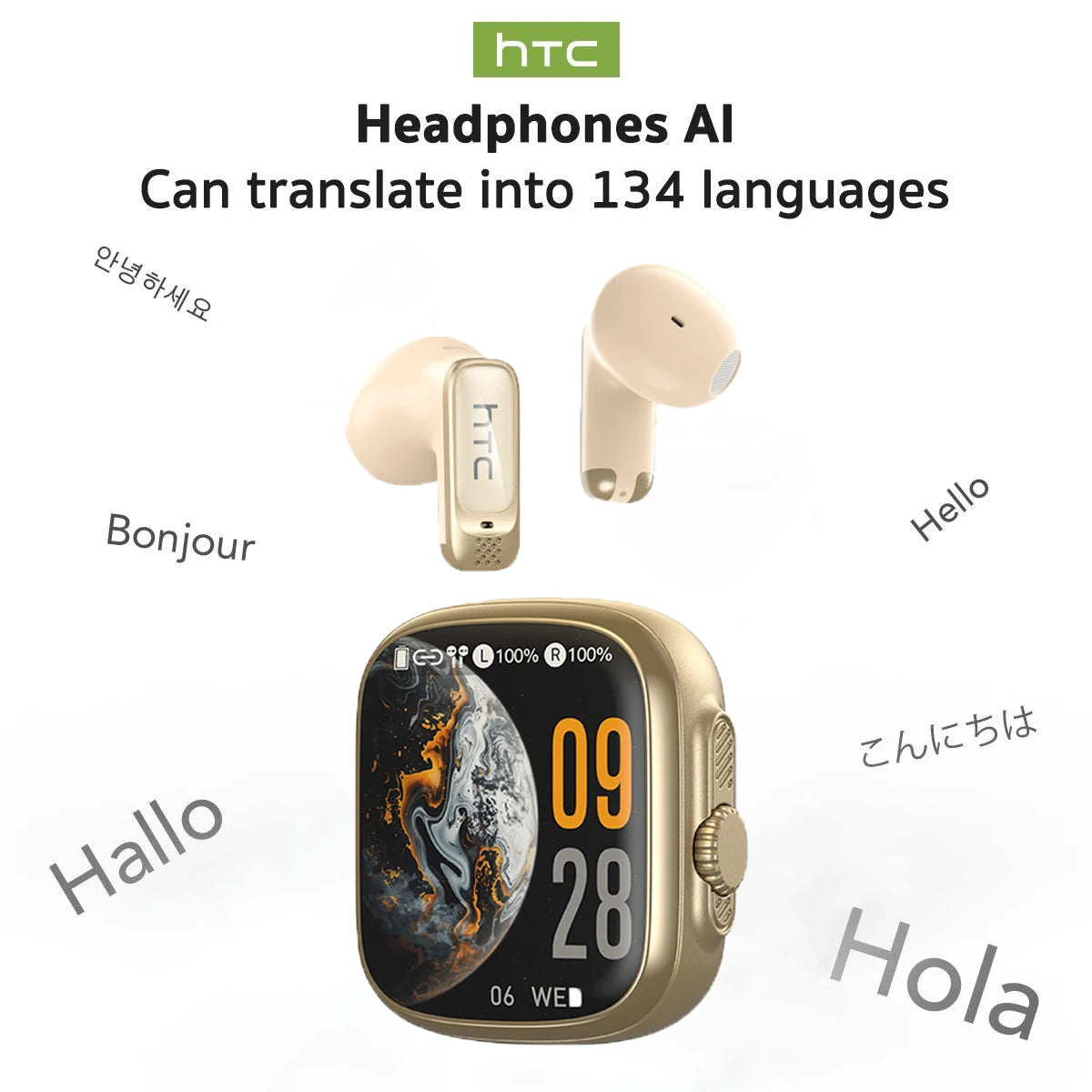 Bluetooth Earphones HTC NE72 AI Translation Auriculares Traductor Deidioma 2026, Sports Comfort Fit Earbuds with Surround Sound