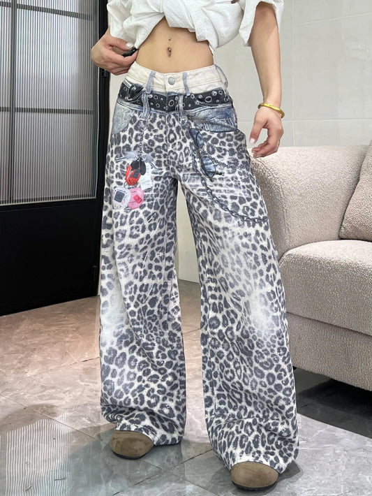 1PC Vintage Leopard Print High-Waist Loose Women's Jeans, Fashionable Design, Street Style Casual Versatile Wide-Leg Pants