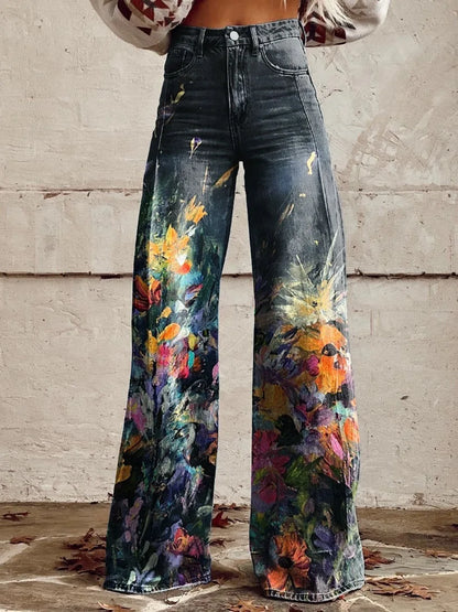 Women's 3D Printed Flare Jeans-Polyester Wide Leg Pants with Distressed Vintage Look, High Waist Comfort Fit for Street Fashion