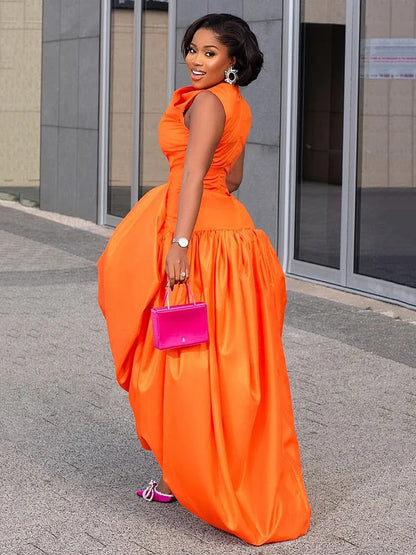 Women's Elegant Cinch Waist Cocktail Maxi Dress Orange Crew Neck Sleeveless High Waist Slim Chic Dinner Club Party Long Dresses
