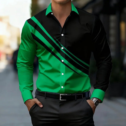 Men's color-blocked striped long-sleeved shirt, slim fit, stylish and unique business casual shirt, trendy new men's top, XS-6XL