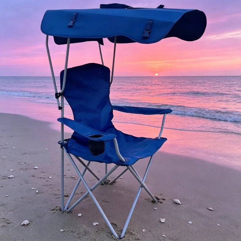 Portable Folding Camping Chair With Adjustable Sun Canopy, Heavy Duty Beach Lawn Chair With Cup Holder Side Pocket, Lightweight Foldable Outdoor Chair For Fishing Picnic Poolside Travel Garden