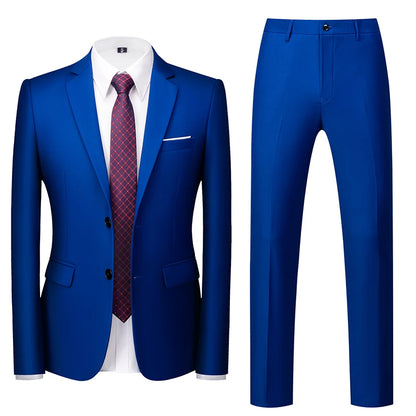 2025 New Solid Two-Button Wedding Suits Set for Men,15 Colors Available Business Casual Slim-Fit Mens Blazer + Pants 2 Piece Set