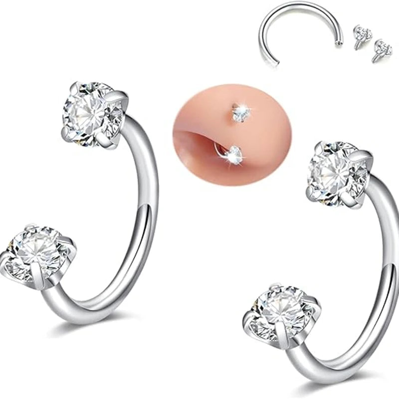 6/2pcs Horseshoe Nose Rings With L-Shape Nose Stud, Stainless Steel Rianbow CZ Nose Ring,, Lip Eyebrow Helix Ear Piercing