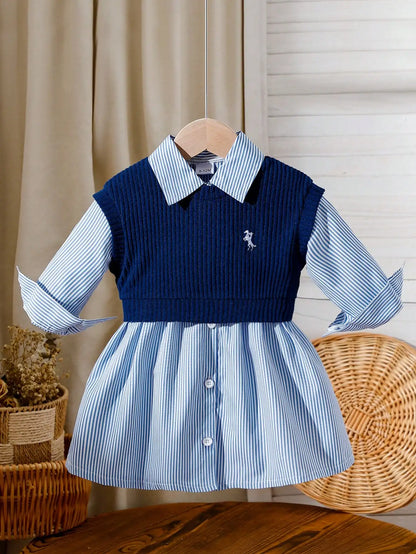 Two-piece baby girl embroidered vest and striped long-sleeved shirt dress for daily casual wear, versatile for spring and summer