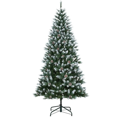 Pre-Lit Flocked Artificial Christmas Tree 6‘/9’ with Warm White LED Lights, Realistic Pine Branches, Snow Covered Xmas Tree, Slim Space Saving Design, Sturdy Metal Stand, Indoor Outdoor Holiday Decoration