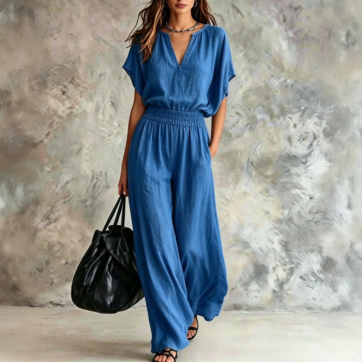 Women Casual Cotton Linen 2 Piece Outfit Summer Loose V Neck Short Sleeve Top Elastic High Waist Wide Leg Pants Set With Pockets