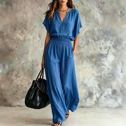 Women Casual Cotton Linen 2 Piece Outfit Summer Loose V Neck Short Sleeve Top Elastic High Waist Wide Leg Pants Set With Pockets
