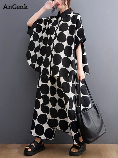 Polka Dot Print Summer Casual 2 Two Piece Set Short Sleeve Loose Blouse Women Shirt Top Fashion Clothing Harem Pants Suit 2026