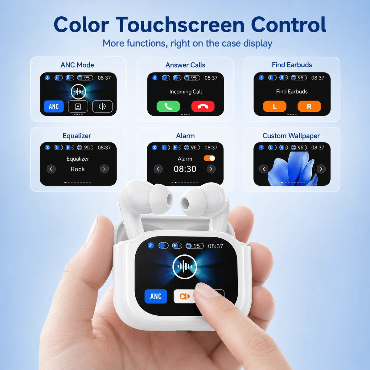 Smart Touchscreen ANC Headphones Bluetooth 5.4 Earphones with Noise Cancelling, HD Calls, 60H Playtime and Smart Touch Control