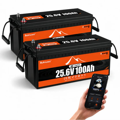 Buknuwo LiFePO4 24V/25.6V 100Ah Lithium Battery With Bluetooth Built-in 100A BMS Grade A Cells 2560Wh Power Energy Storage Battery Low-Temp Protection Capable Of Over 10000 Cycles Support Parallel Battery For Solar,RV,Marine,