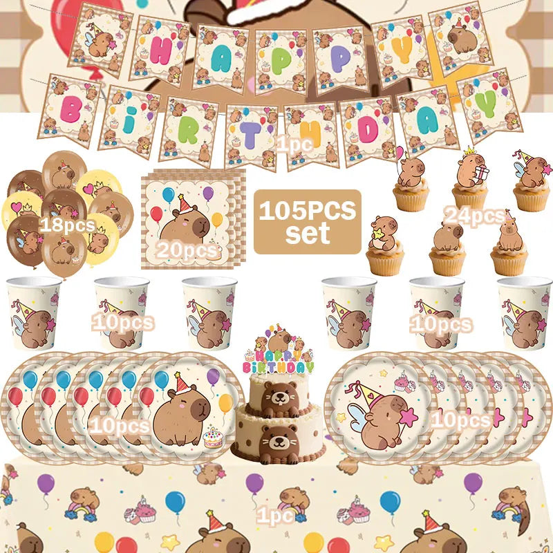 Capybara Decoration Birthday Party Favors Tableware Set Cup Plate Balloons Gift Bags Happy Banner Cake Topper Supplies for Girls