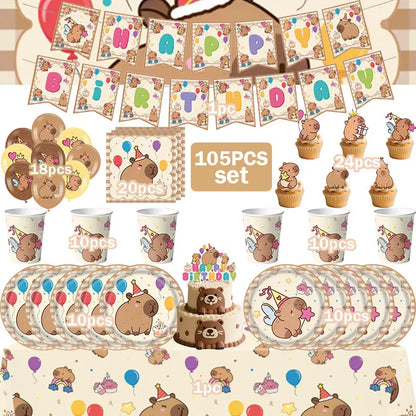 Capybara Decoration Birthday Party Favors Tableware Set Cup Plate Balloons Gift Bags Happy Banner Cake Topper Supplies for Girls