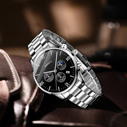 Men's 4-Piece Watch Gift Set | Quartz Watch, Cross Pendant, Ring & Bracelet | Gift for Him